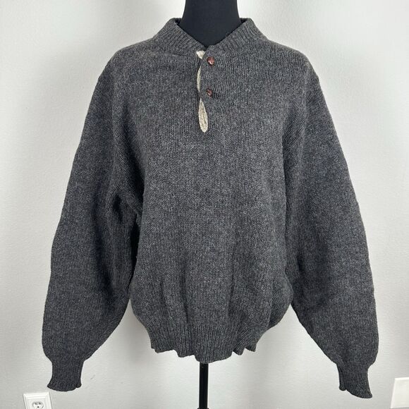 Lands End Knit Henley Sweater Mens XL Grey Wool Blend Henley USA Made Vintage - Picture 1 of 13